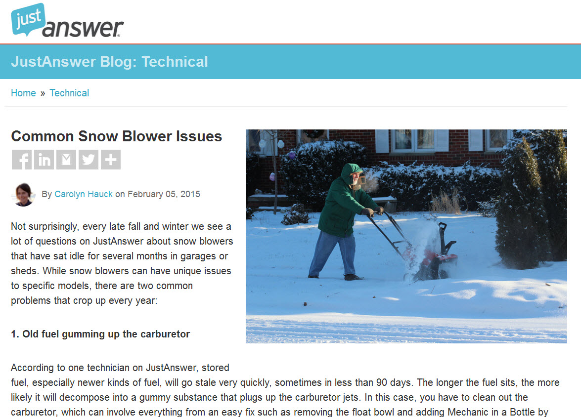 JustAnswer Snowblower blog