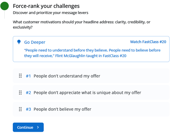 Creative Sample #2: ‘Force-rank your challenges’ step in MECLABS AI headline generation guided pathway