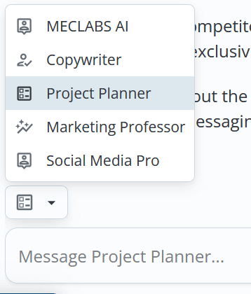 Creative Sample #1: The expert assistant dropdown menu in MECLABS AI